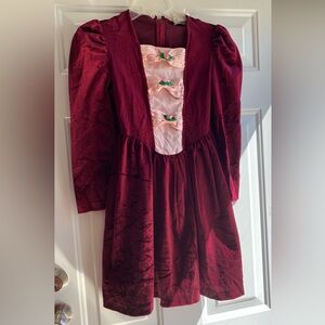 VINTAGE Velvet Burgundy Girl’s Dress with Pink Bow Front